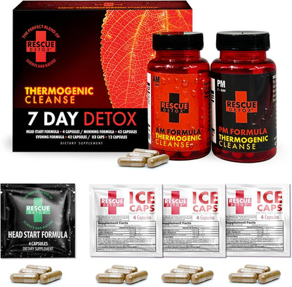 Rescue Detox 7 Day Thermogenic Permanent Detox Kit - Full Body Detox Cleanse for Women and Men - Body Detox Pills for Stomach Detox Cleanse - 100ct Capsules with Bonus Instant Ice Caps